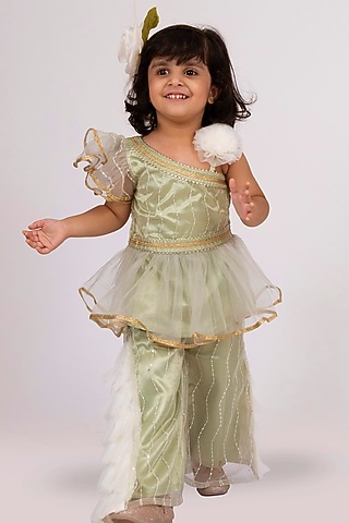 Pista Green Polyester Embroidered Palazzo Pant Set For Girls by Elaisha