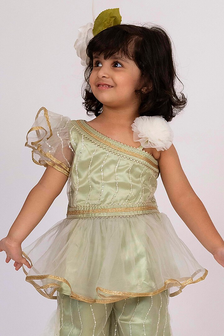 Pista Green Polyester Embroidered Palazzo Pant Set For Girls by Elaisha at Pernia's Pop Up Shop