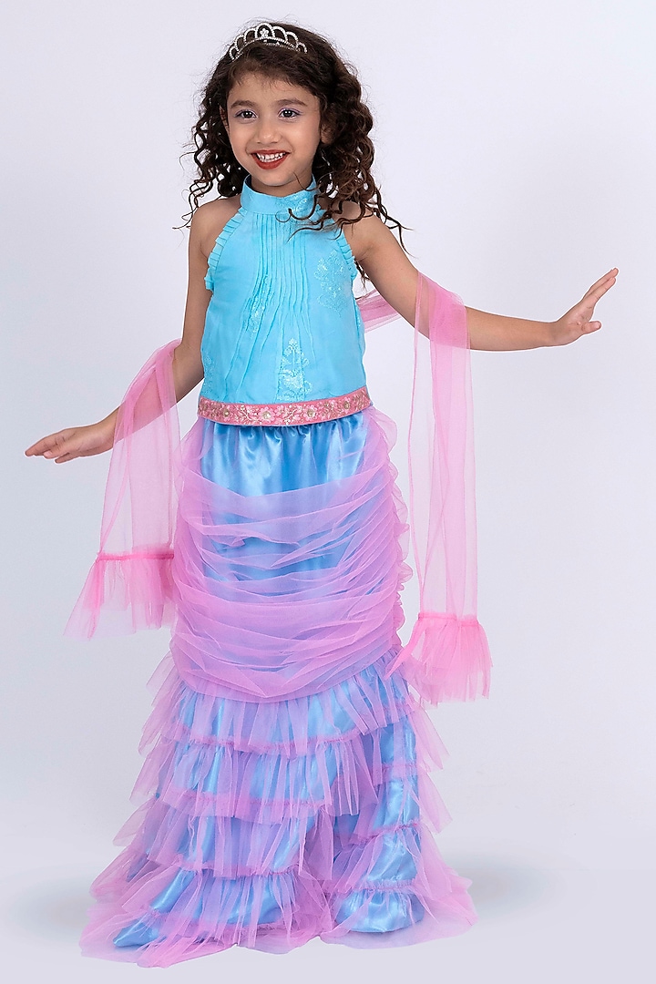 Light Blue & Light Pink Polyester Mermaid Skirt Set For Girls by Elaisha at Pernia's Pop Up Shop