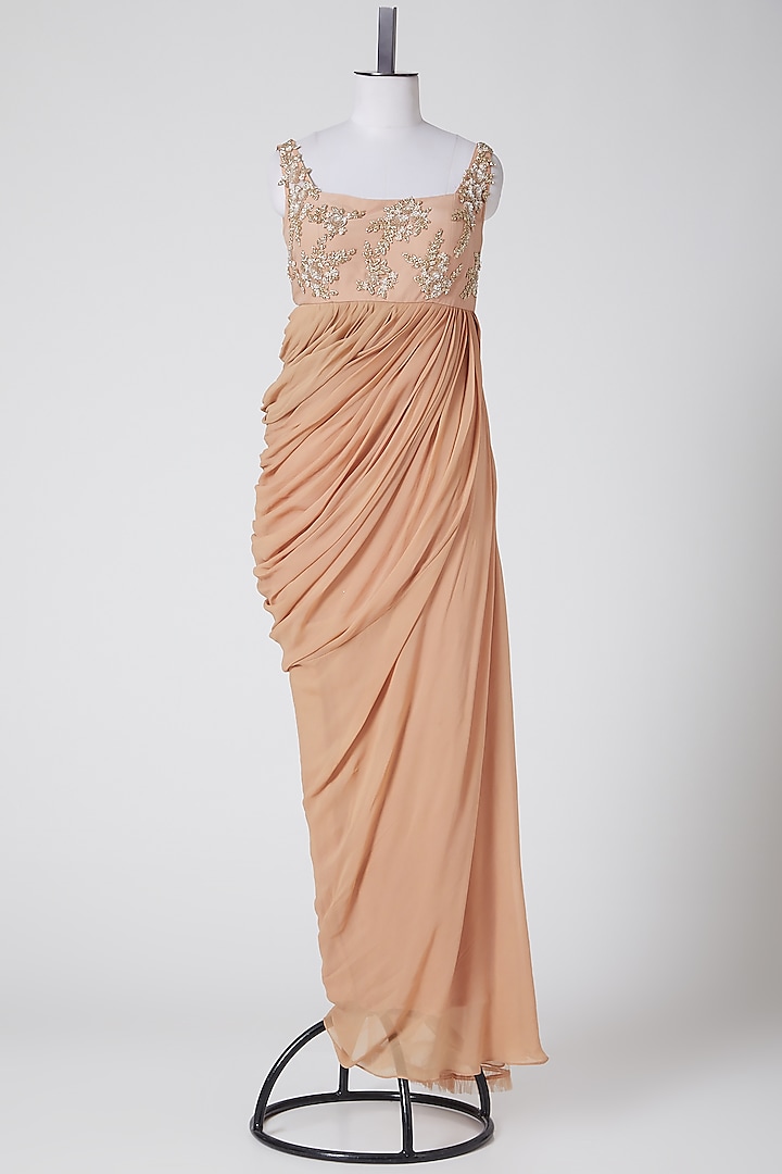 Nude Sequins Embroidered Saree Gown by Elena Singh