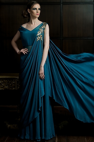 Green Embellished Saree Gown by Elena Singh