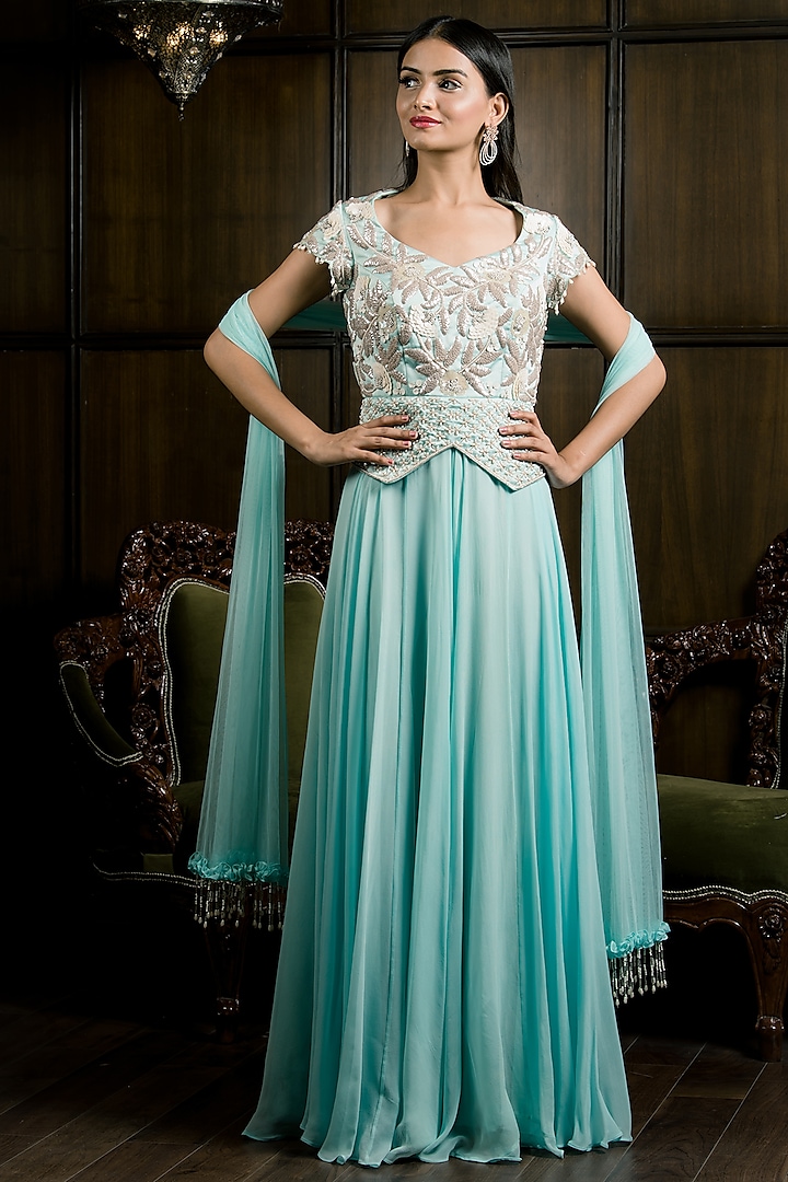 Pastel Blue Embellished Gown by Elena Singh