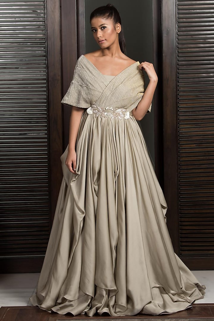 Gold Embellished Draped Gown by Elena Singh