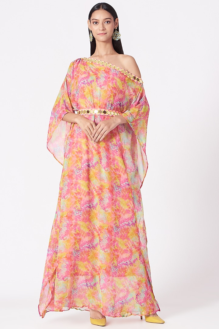 Multi Colored Printed Off Shoulder Draped Dress by Elena Singh