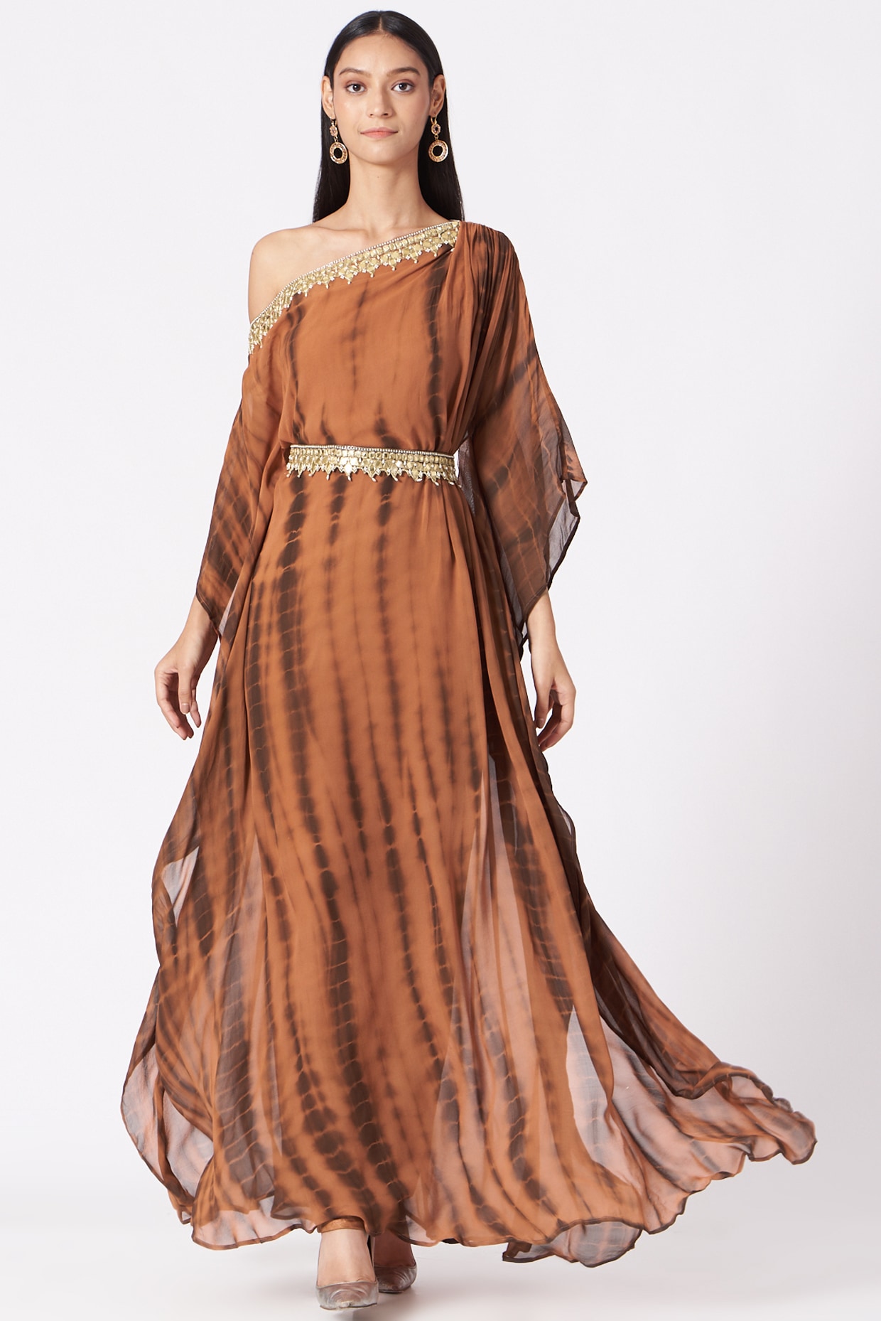 Light Brown Tie Dye Off Shoulder Draped Dress Design by Elena