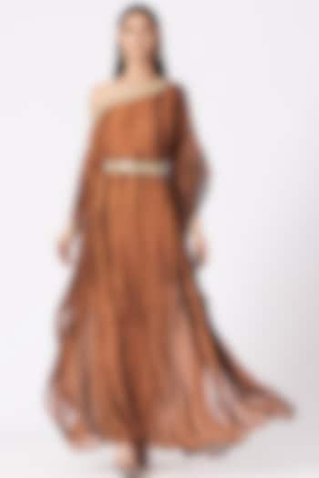 Light Brown Tie-Dye Off Shoulder Draped Dress by Elena Singh