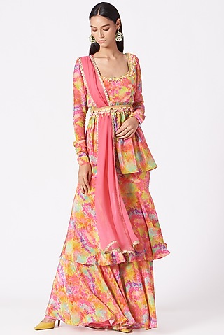 Multi Colored Crepe & Chiffon Printed Gharara Set by Elena Singh