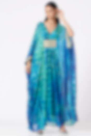 Turquoise Blue Tie-Dye Gathered Kaftan by Elena Singh