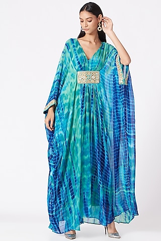 Turquoise Blue Tie-Dye Gathered Kaftan by Elena Singh