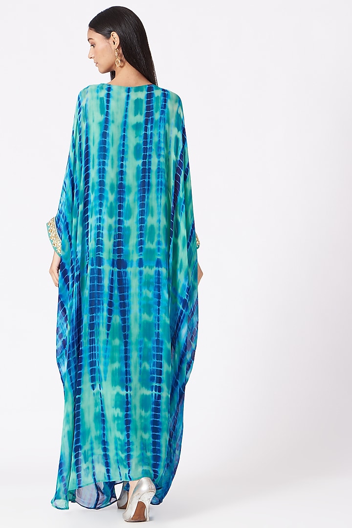 Turquoise Blue Tie-Dye Gathered Kaftan by Elena Singh at Pernia's Pop Up Shop