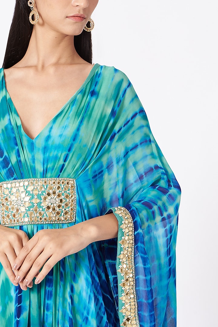 Turquoise Blue Tie-Dye Gathered Kaftan by Elena Singh at Pernia's Pop Up Shop