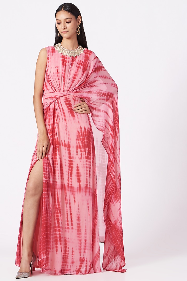 Candy Pink Tie-Dye Draped Gown by Elena Singh