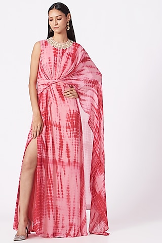 Candy Pink Tie-Dye Draped Gown by Elena Singh