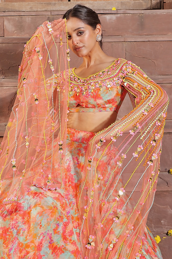 Multi-Colored Crepe & Tulle Printed Wedding Lehenga Set by Elena Singh at Pernia's Pop Up Shop