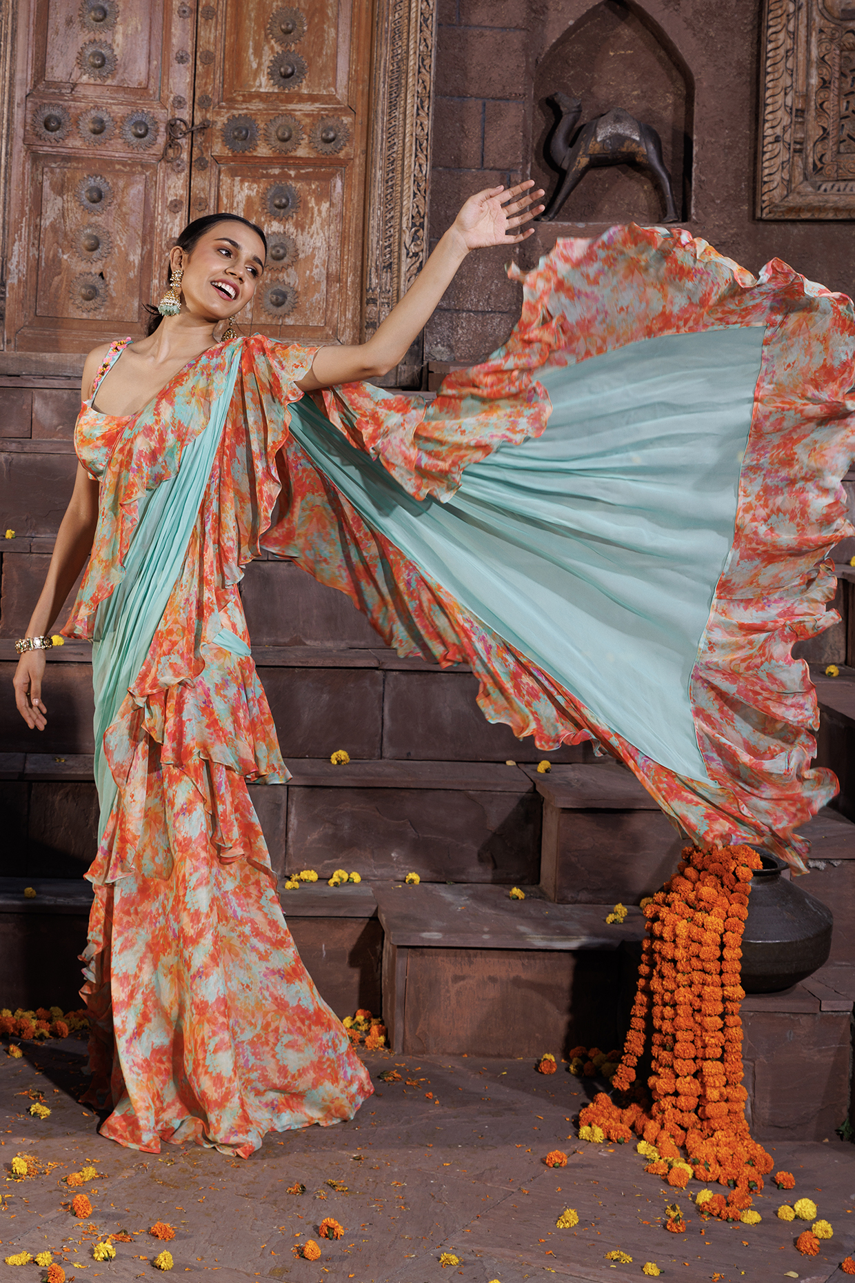 Multi-Colored Georgette Printed Ruffled Party Wear Saree Set by Elena Singh at Pernia's Pop Up Shop