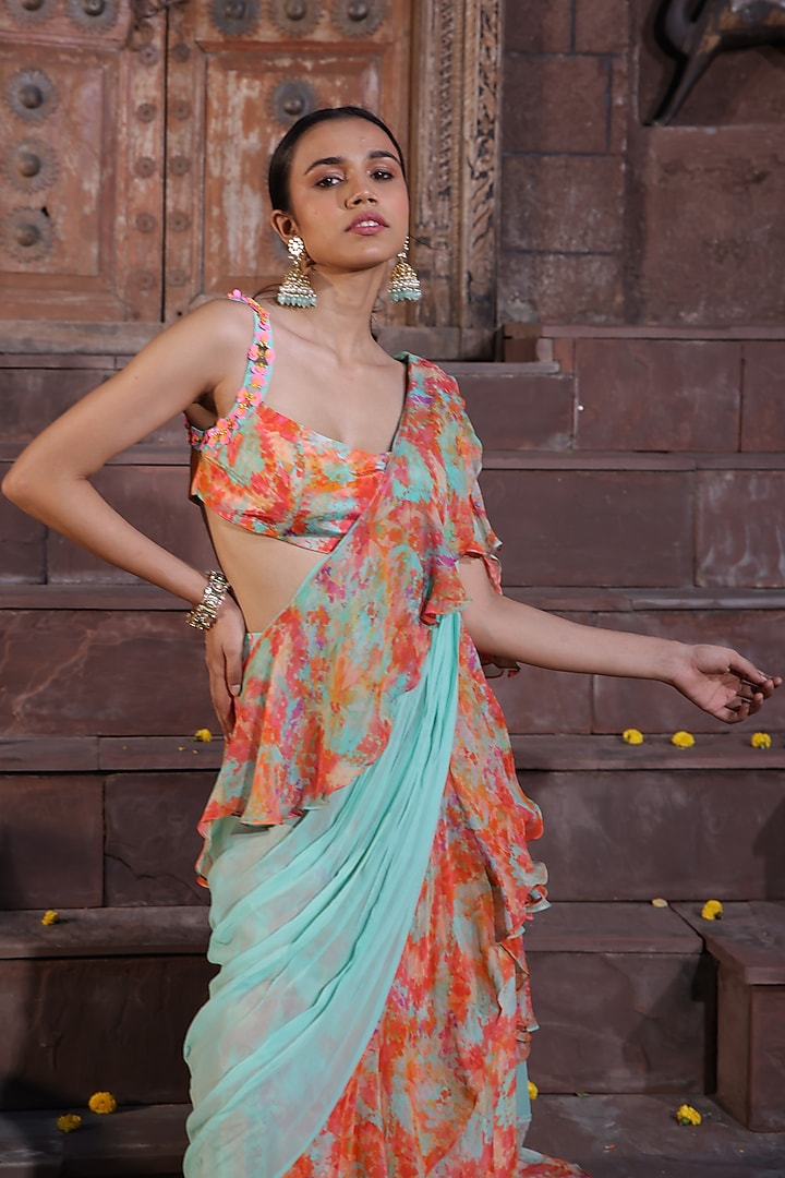 Multi-Colored Georgette Printed Ruffled Wedding Saree Set by Elena Singh at Pernia's Pop Up Shop