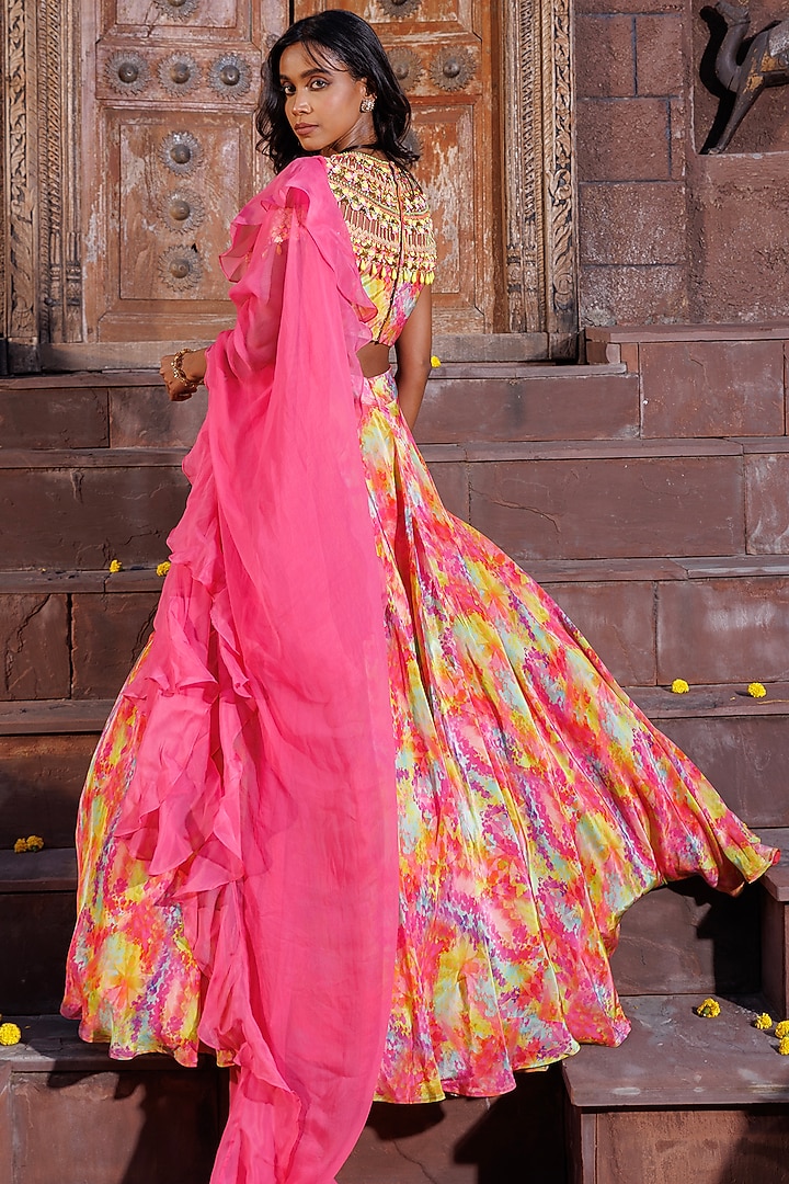 Multi-Colored Crepe Printed Wedding Lehenga Set by Elena Singh at Pernia's Pop Up Shop