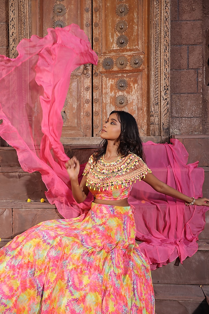 Multi-Colored Crepe Printed Wedding Lehenga Set by Elena Singh at Pernia's Pop Up Shop