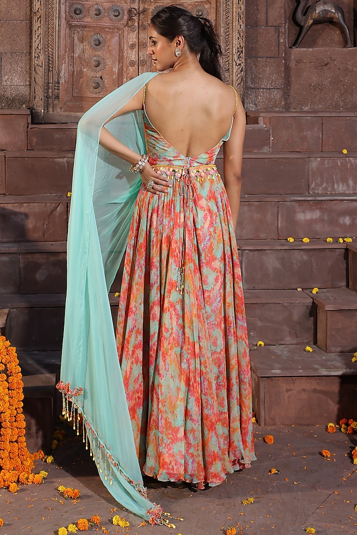 Multi-Colored Georgette Printed Crinkle Wedding Anarkali Set by Elena Singh at Pernia's Pop Up Shop