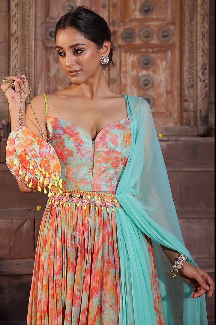 Multi-Colored Georgette Printed Crinkle Wedding Anarkali Set by Elena Singh at Pernia's Pop Up Shop