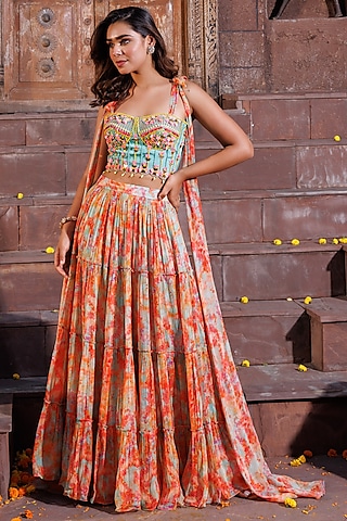 Multi-Colored Georgette Printed Tiered Lehenga Set by Elena Singh