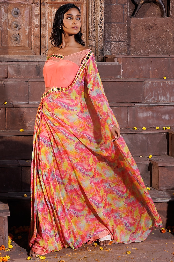 Multi-Colored Georgette Printed One-Side Draped Saree by Elena Singh at Pernia's Pop Up Shop