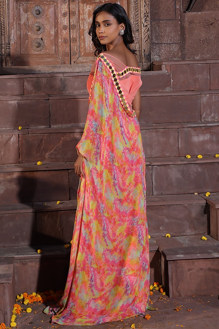 Multi-Colored Georgette Printed One-Side Draped Party Wear Saree by Elena Singh at Pernia's Pop Up Shop