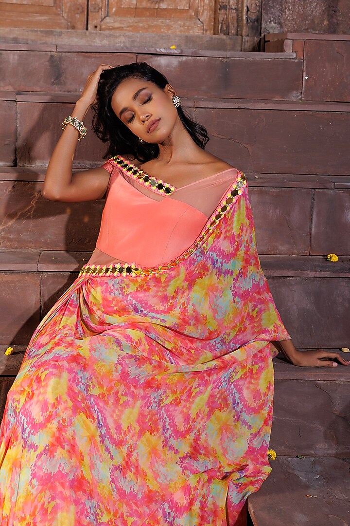 Multi-Colored Georgette Printed One-Side Draped Party Wear Saree by Elena Singh at Pernia's Pop Up Shop