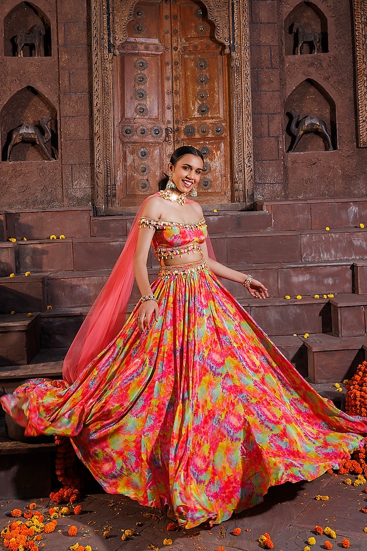 Multi-Colored Crepe Printed Flared Wedding Lehenga Set by Elena Singh at Pernia's Pop Up Shop