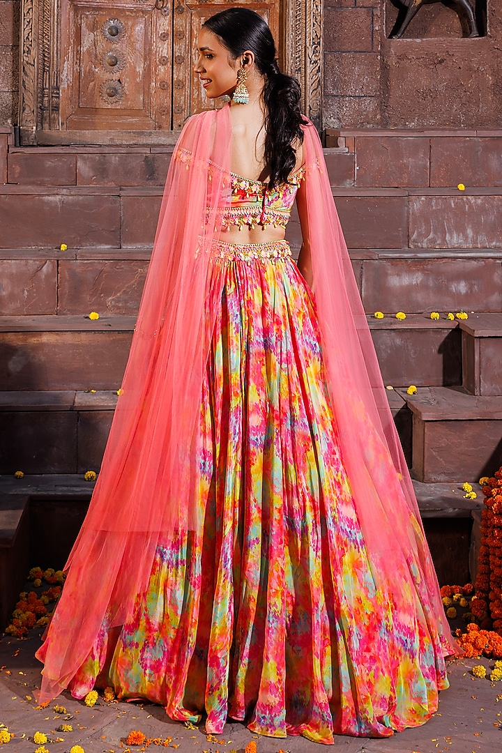 Multi-Colored Crepe Printed Flared Wedding Lehenga Set by Elena Singh at Pernia's Pop Up Shop