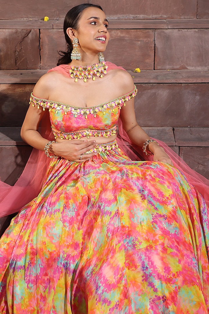 Multi-Colored Crepe Printed Flared Wedding Lehenga Set by Elena Singh at Pernia's Pop Up Shop