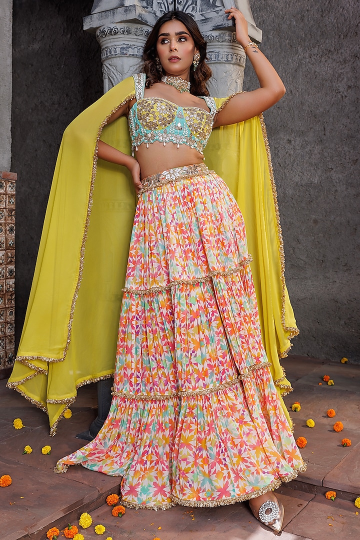 Multi-Colored Crepe Printed Tiered Wedding Lehenga Set by Elena Singh at Pernia's Pop Up Shop