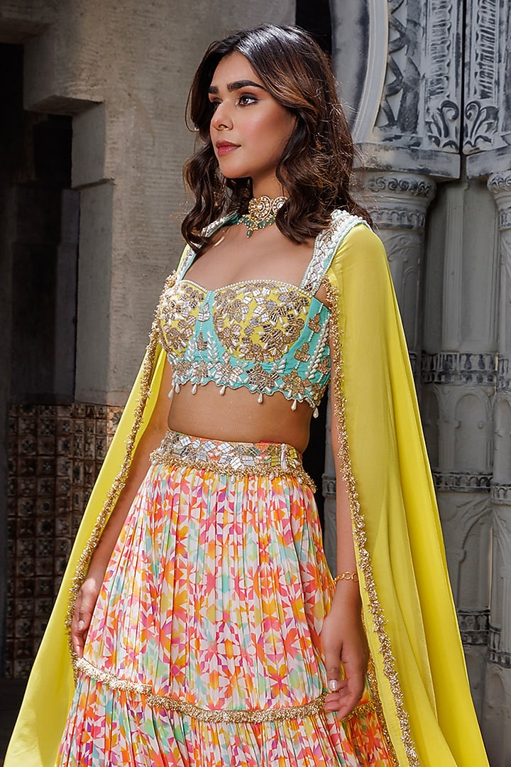 Multi-Colored Crepe Printed Tiered Wedding Lehenga Set by Elena Singh at Pernia's Pop Up Shop