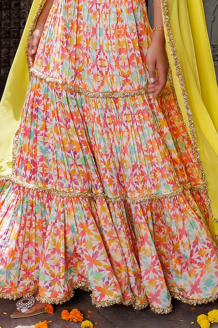 Multi-Colored Crepe Printed Tiered Wedding Lehenga Set by Elena Singh at Pernia's Pop Up Shop
