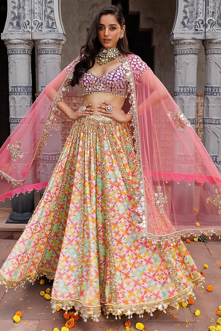 Multi-Colored Crepe Printed & Hand Embroidered Lehenga Set Design by Elena  Singh at Pernia's Pop Up Shop 2024