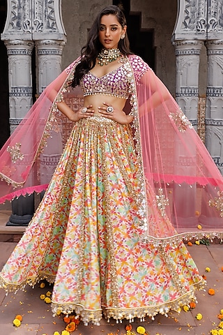 Multi-Colored Crepe Printed & Hand Embroidered Lehenga Set by Elena Singh