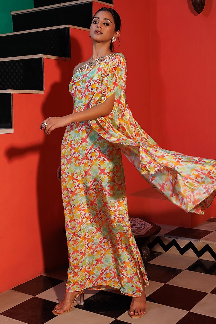 Multi-Colored Crepe Printed & Hand Embroidered One-Shoulder Dress by Elena Singh at Pernia's Pop Up Shop