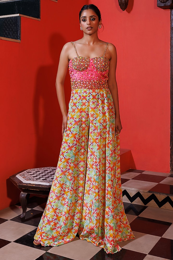 Pink Crepe Printed & Hand Embroidered Jumpsuit by Elena Singh