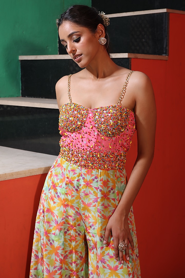 Pink Crepe Printed & Hand Embroidered Jumpsuit by Elena Singh at Pernia's Pop Up Shop