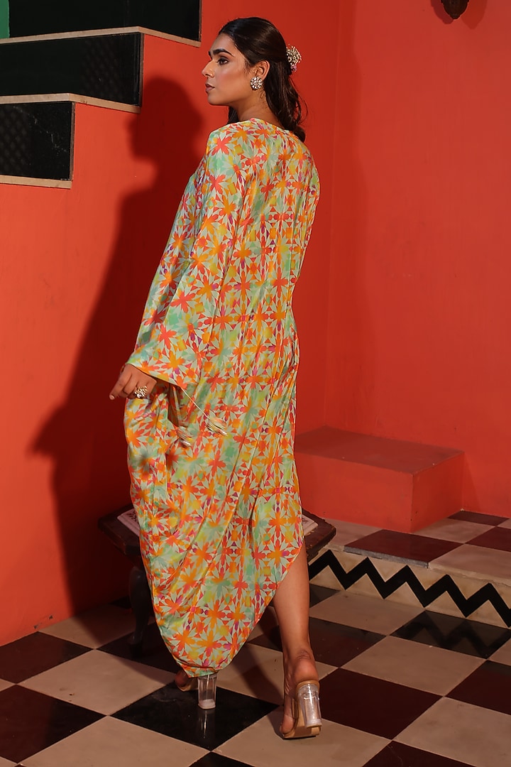 Multi-Colored Crepe Printed & Hand Embroidered Draped Summer Dress by Elena Singh at Pernia's Pop Up Shop