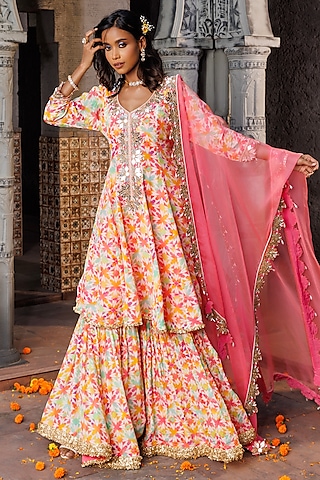 Multi-Colored Crepe Printed Gharara Set by Elena Singh