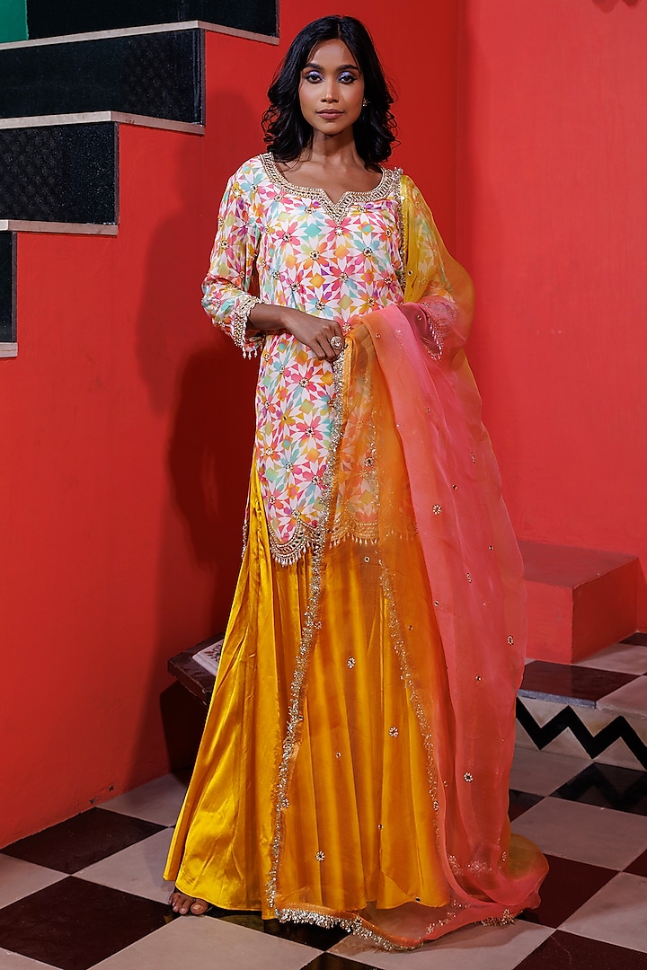 Yellow Satin Sharara Set by Elena Singh at Pernia's Pop Up Shop