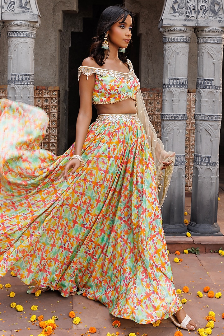 Pastel Green Crepe Printed & Hand Embroidered Wedding Lehenga Set by Elena Singh at Pernia's Pop Up Shop