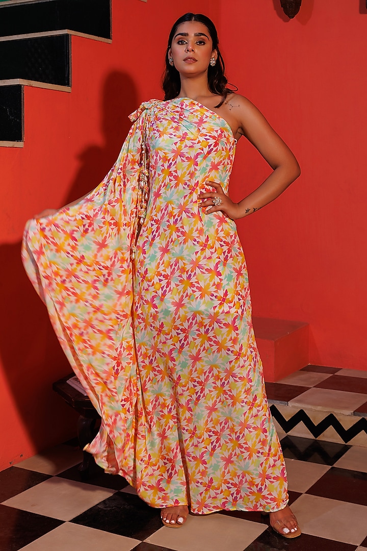 Multi-Colored Crepe Printed & Hand Embroidered One-Shoulder Draped Dress by Elena Singh at Pernia's Pop Up Shop