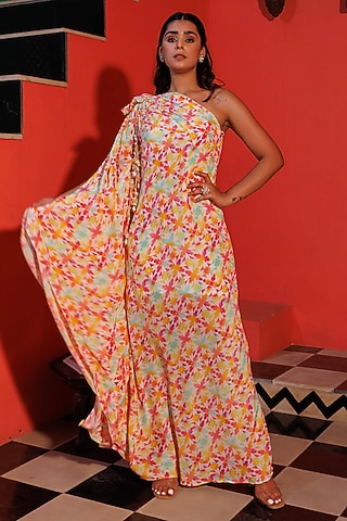 Multi-Colored Crepe Printed & Hand Embroidered One-Shoulder Draped Dress by Elena Singh