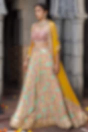 Multi-Colored Crepe Printed & Hand Embroidered Wedding Lehenga Set by Elena Singh at Pernia's Pop Up Shop