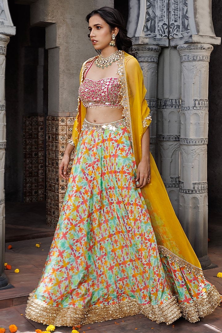 Multi-Colored Crepe Printed & Hand Embroidered Wedding Lehenga Set by Elena Singh at Pernia's Pop Up Shop