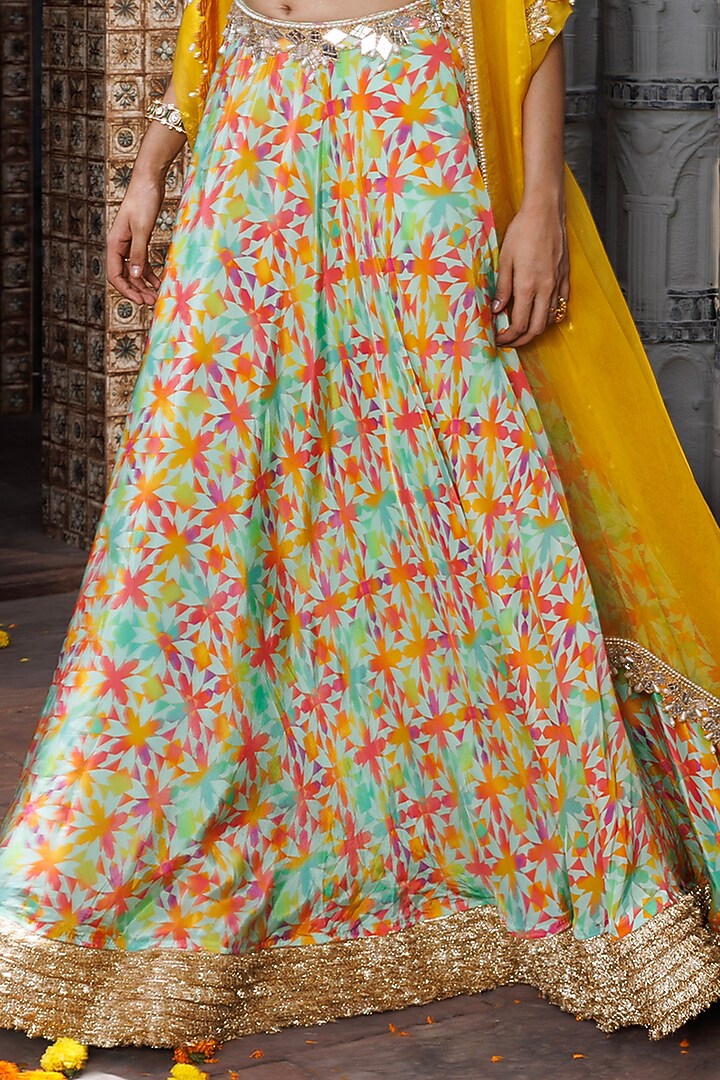 Multi-Colored Crepe Printed & Hand Embroidered Wedding Lehenga Set by Elena Singh at Pernia's Pop Up Shop