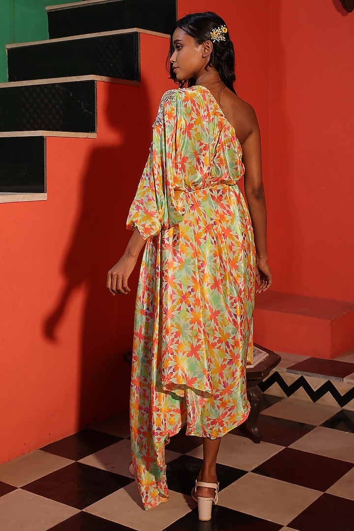 Multi-Colored Crepe Printed & Hand Embroidered One-Shoulder Draped Vacation Dress by Elena Singh at Pernia's Pop Up Shop