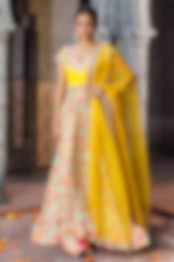 Yellow Crepe Printed & Hand Embroidered Anarkali Set by Elena Singh